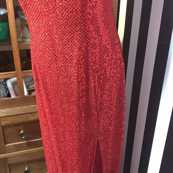 Sexy Retro Vintage 90s Red Sequin Floor Length Formal Gown Halter Neck Leg Slit - Picture 4 of 16